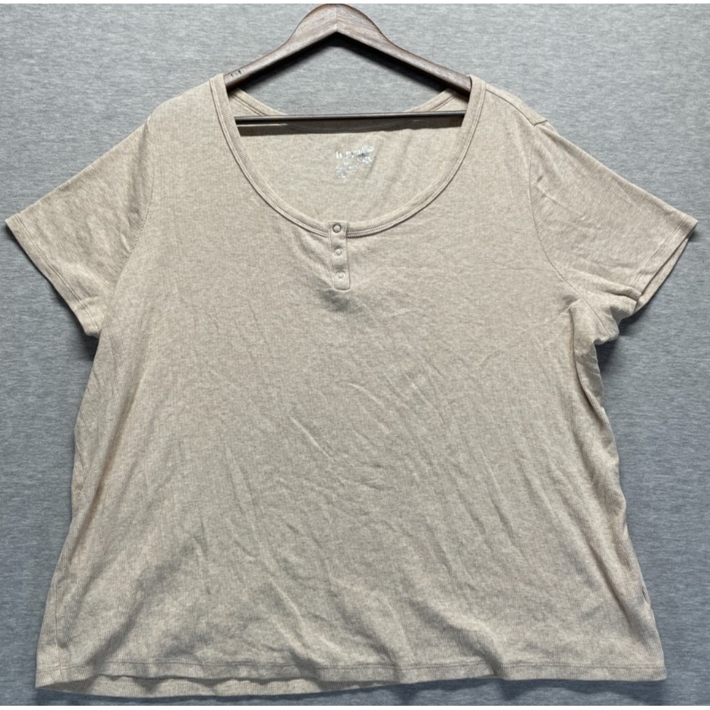Terra & Sky Ribbed Knit T Shirt Womens 3X Beige Cotton Cap Sleeve Henley Neck